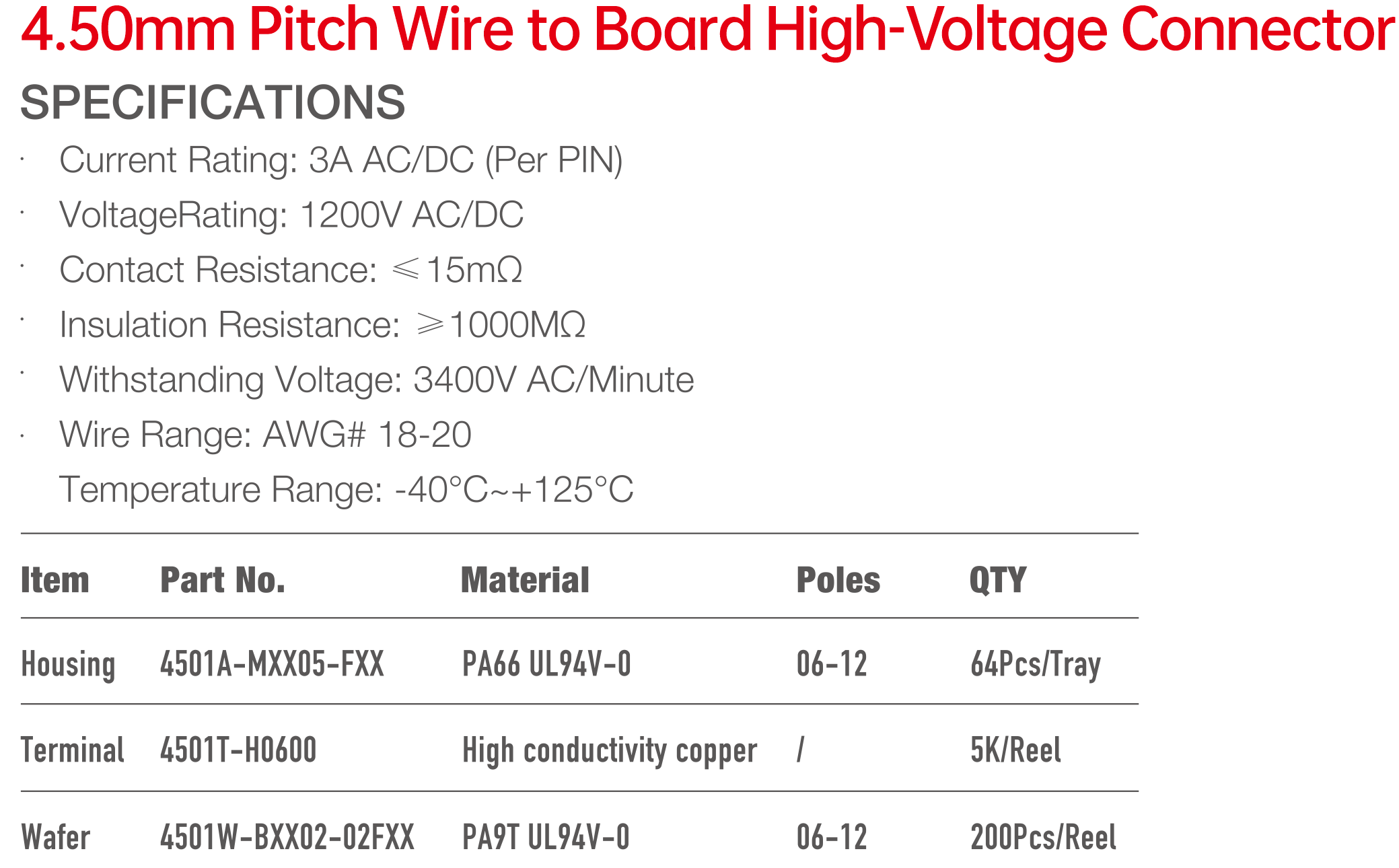 4501 Series 4.50mm Pitch(.177）高壓側(cè)扣線對板連接器